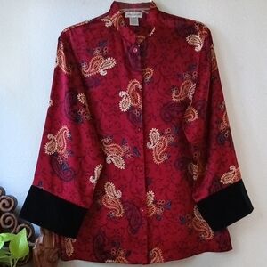 Jones New York Red Long Sleeve Blouse with Mandarin Collar